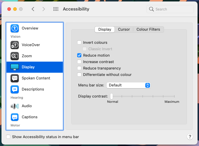 Accessibility panel on macOS for motion reduction