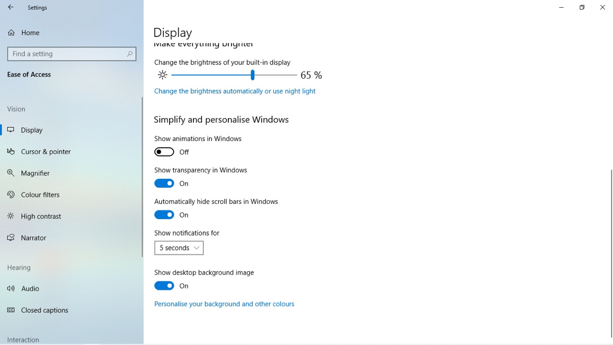 Display panel in Accessibility settings on Windows