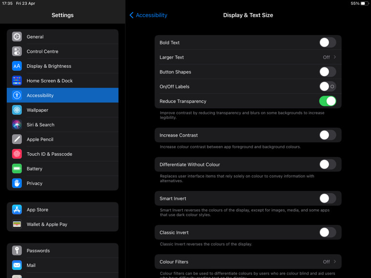 iOS settings screen